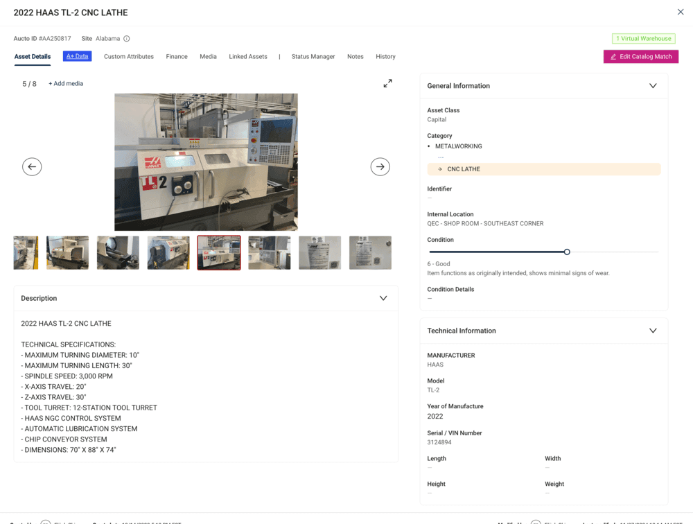 Lathe asset information