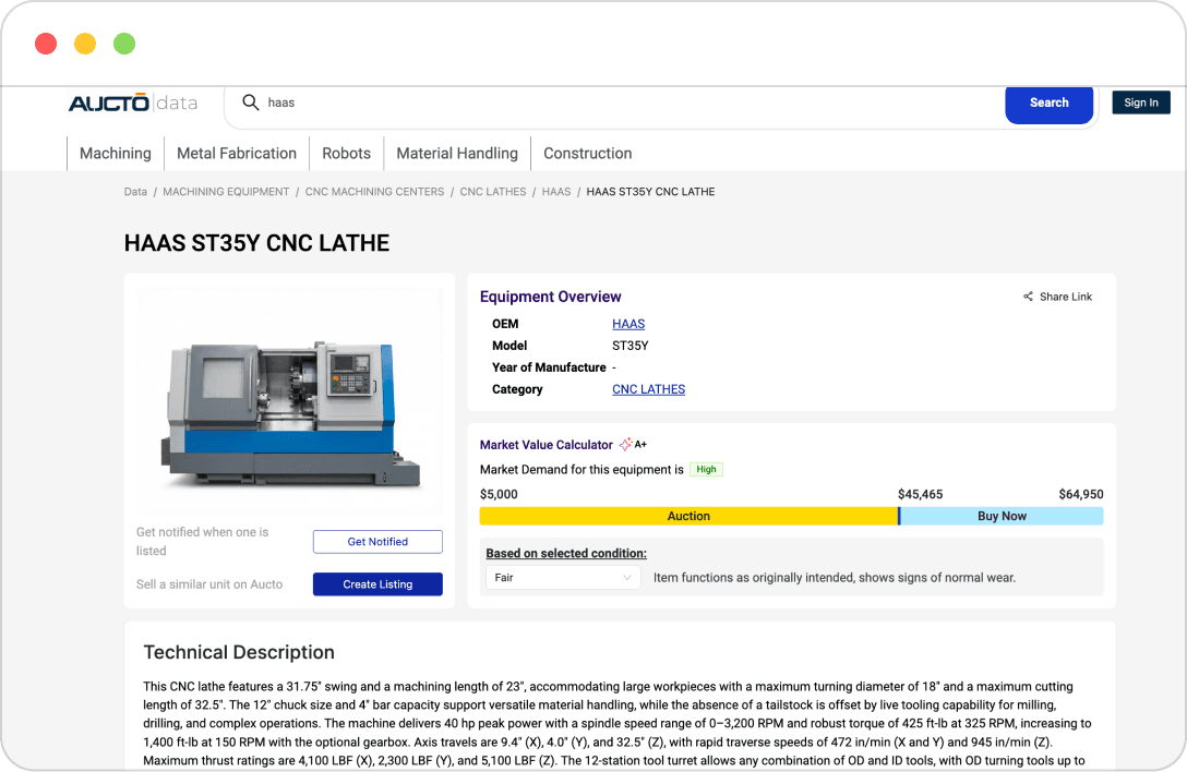 Research CNC machine specifications and market pricing with Aucto Data Aucto Data equipment research page showing specifications for a CNC lathe