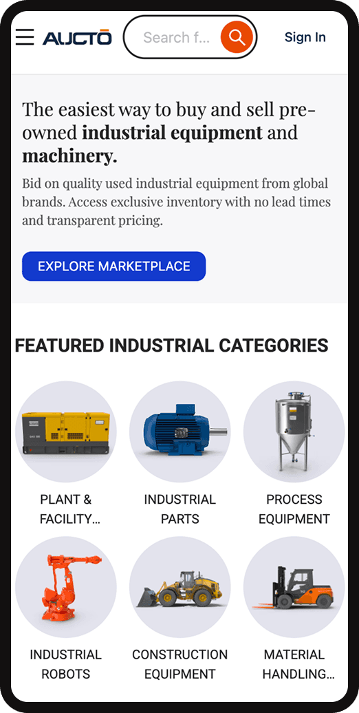 Browse the Aucto industrial equipment marketplace on mobile Aucto marketplace displayed on a mobile phone