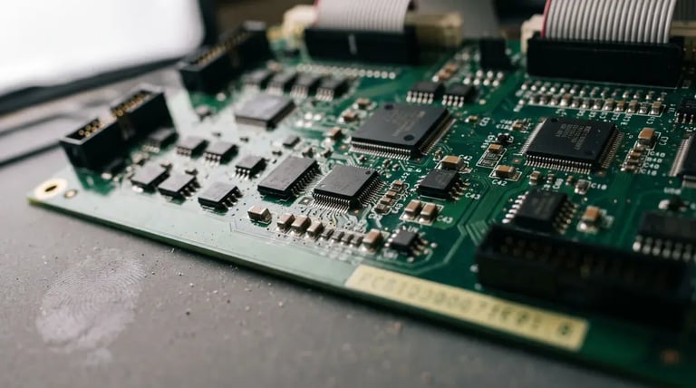 Close-up of a green industrial CNC control board with its part number silkscreened in yellow ink along the board edge