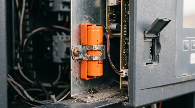 A CNC control backup battery pack mounted inside the control cabinet next to a memory card slot used for SRAM backups
