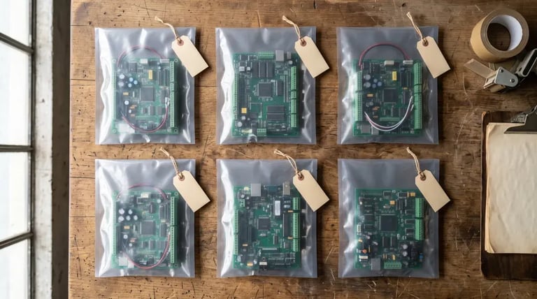 Six surplus industrial control boards in antistatic bags laid out on a warehouse table, each with a removal tag tied to one corner