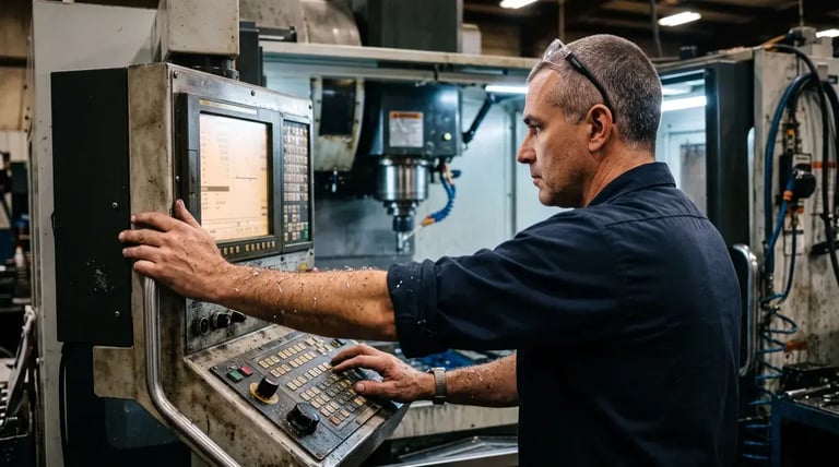 A machinist at a CNC control panel running a test program after a control board replacement