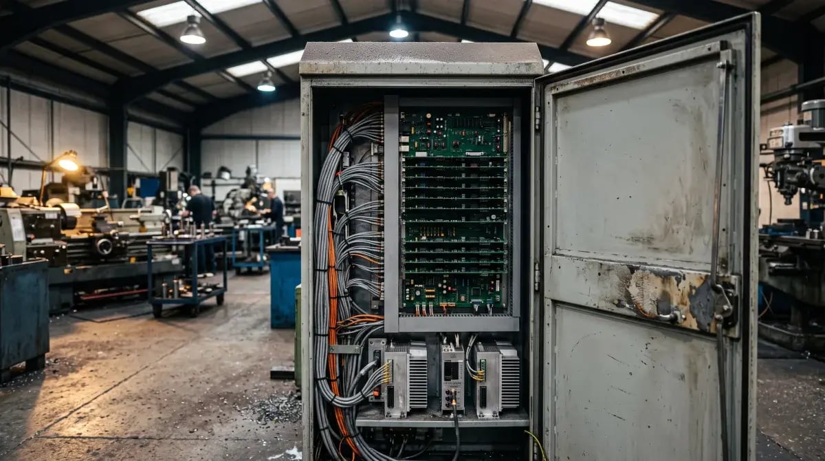 An industrial CNC control cabinet with the door open, exposing a rack of stacked printed circuit boards and servo amplifiers below